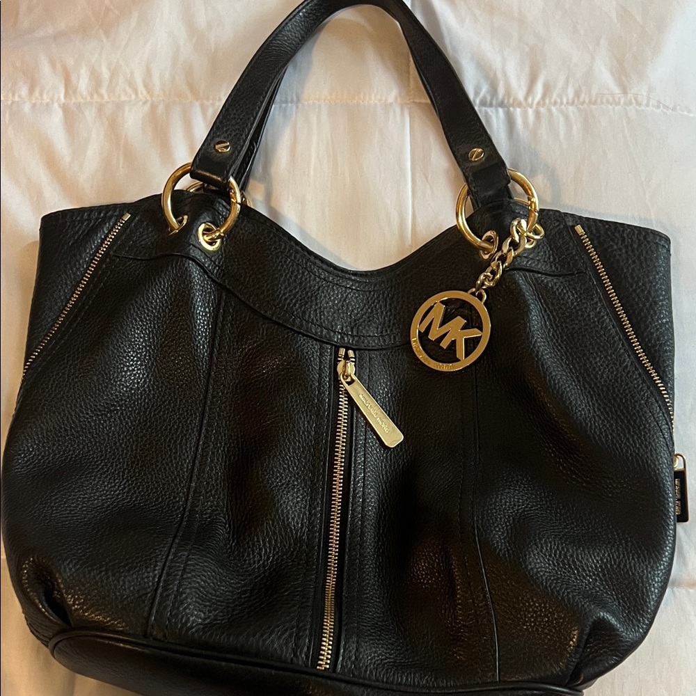 Michael Kors Black Leather Shoulder Bag with Gold Accents